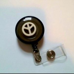 White peace sign badge reel key card ID holder